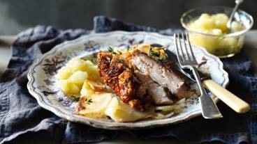 Slow-roasted pork belly with boulangre potatoes